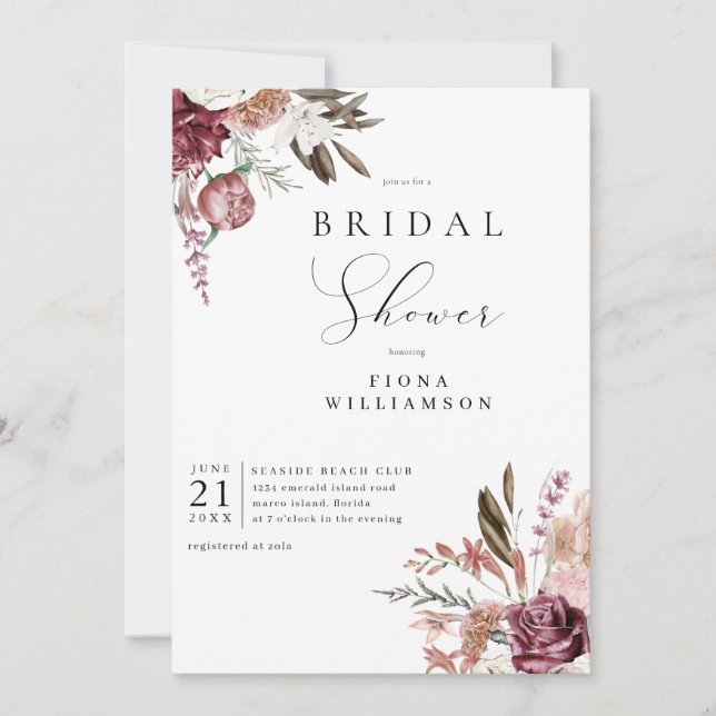 Convite Burgundy Floral Bridal Shower (Frente)