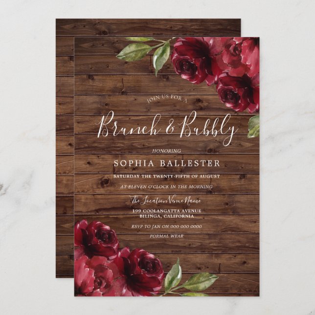 Convite Burgundy Floral Brunbble, Chá de panela Russo (Frente/Verso)