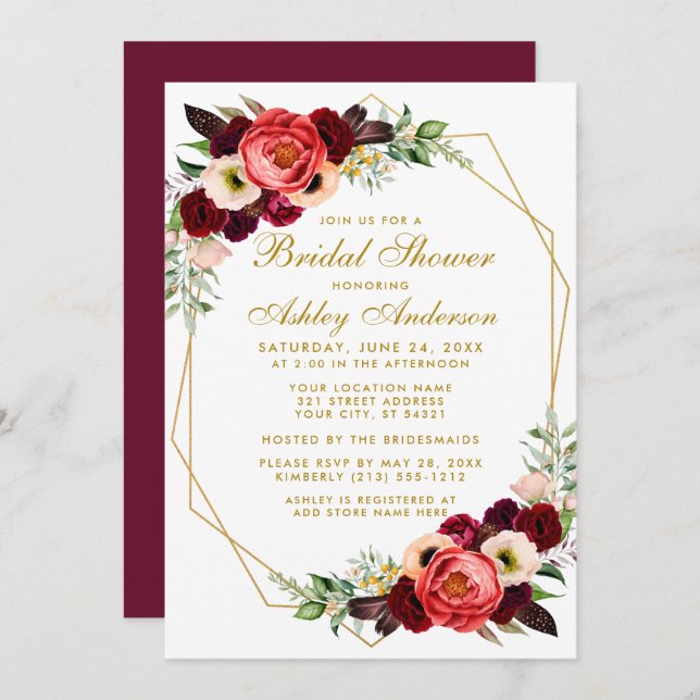 Convite Burgundy Floral Chá de panela Boho Invite BG (Frente/Verso)