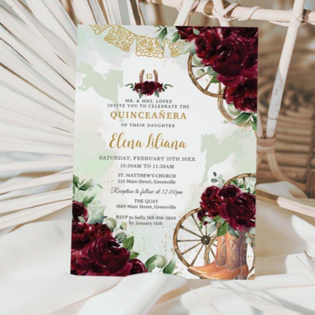 Convite Burgundy Floral Charro Boots Sweet 16 Quinceañera (Zazzle-burgundy-roses-floral-charro-cowboy-boots-horses-western-horseshoe-quinceanera-invitation)