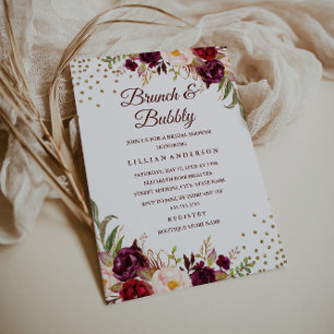 Convite Burgundy Floral Confetti Brunch e Chá Bubble