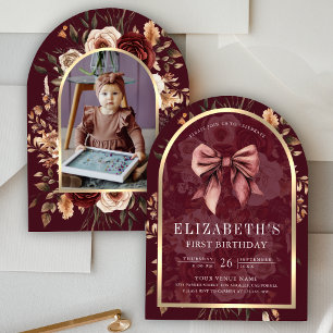 Convite Burgundy Floral Coquette Arco Arch Primeiro Aniver