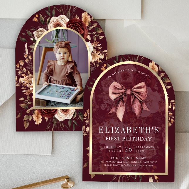 Convite Burgundy Floral Coquette Arco Arch Primeiro Aniver (Criador carregado)