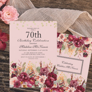 Convite Burgundy Floral Cor-de-Rosa Brilho Dourado Anivers