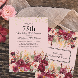 Convite Burgundy Floral Cor-de-rosa Brilho Dourado Anivers