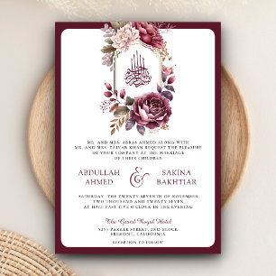 Convite Burgundy Floral Crest Código QR Casamento Muçulman