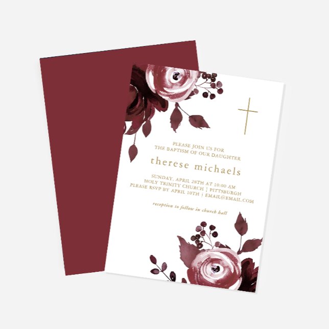 Convite Burgundy Floral Cross Baptism (Criador carregado)