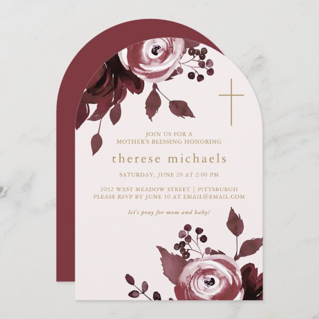 Convite Burgundy Floral Cross Christian Blush (Frente/Verso)