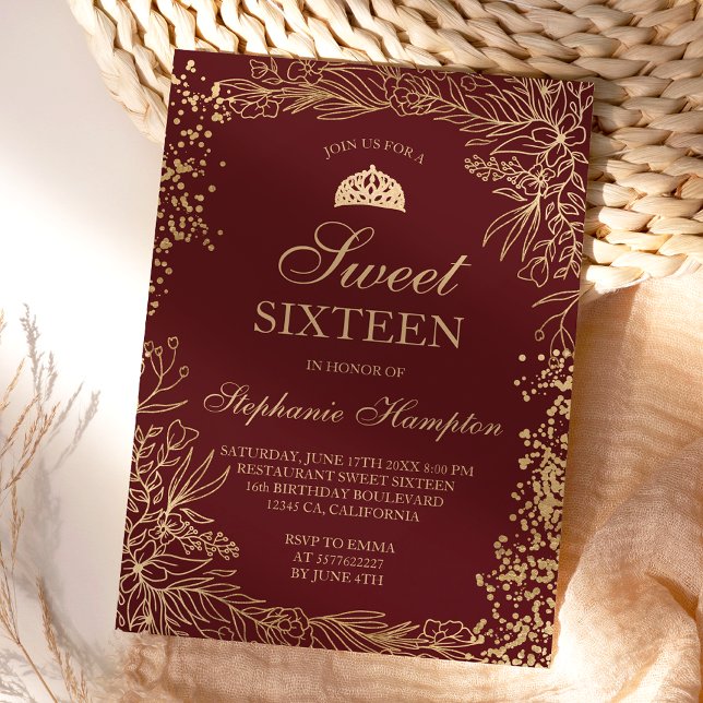 Convite Burgundy floral de ouro chico Tiara Chic Sweet 16 (Criador carregado)