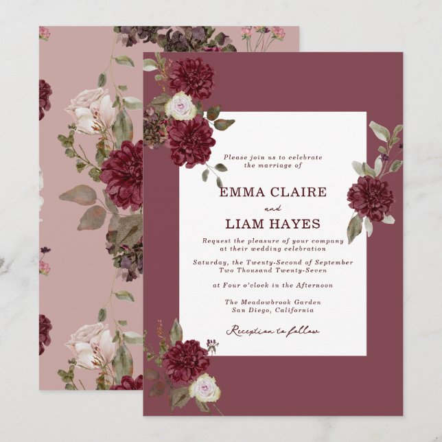 Convite Burgundy Floral Deep Wine Old Money Wedding (Frente/Verso)