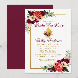 Convite Burgundy Floral Dourada Boho Chá de panela Tea Par