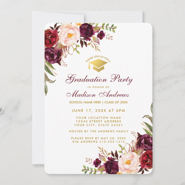 Convite Burgundy Floral Dourada Festa de formatura Invite  (Frente)