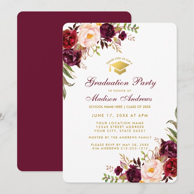 Convite Burgundy Floral Dourada Festa de formatura Invite  (Frente/Verso)