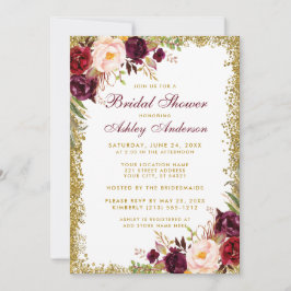 Convite Burgundy Floral Dourada Glitter Invite