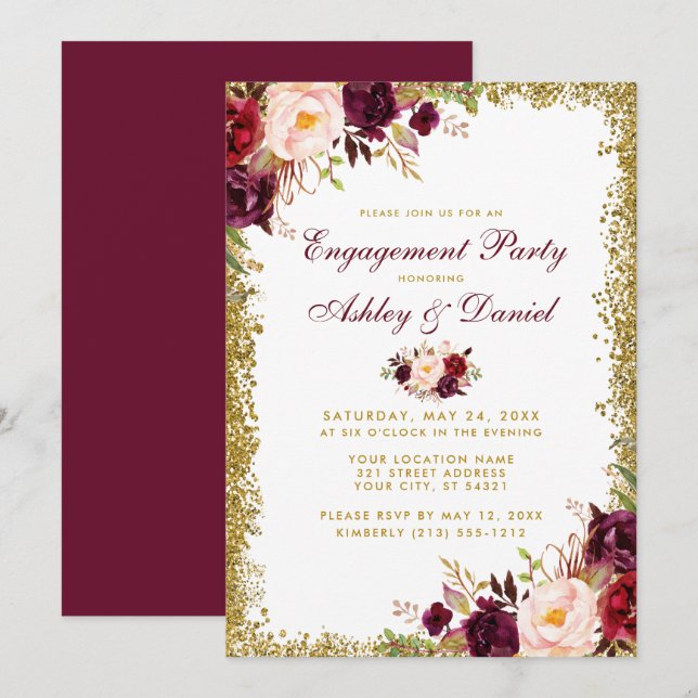 Convite Burgundy Floral Dourada Glitter Invite (Frente/Verso)