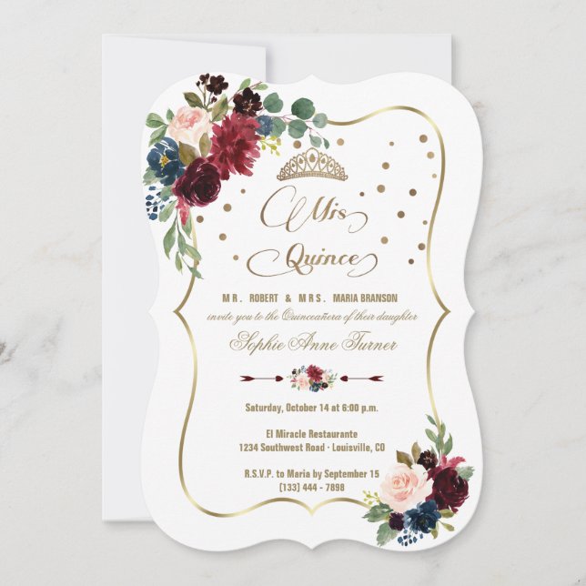 Convite Burgundy Floral Dourada Mis Quince Script Quinceañ (Frente)