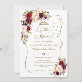 Convite Burgundy Floral Dourada Mis Quince Script Quinceañ