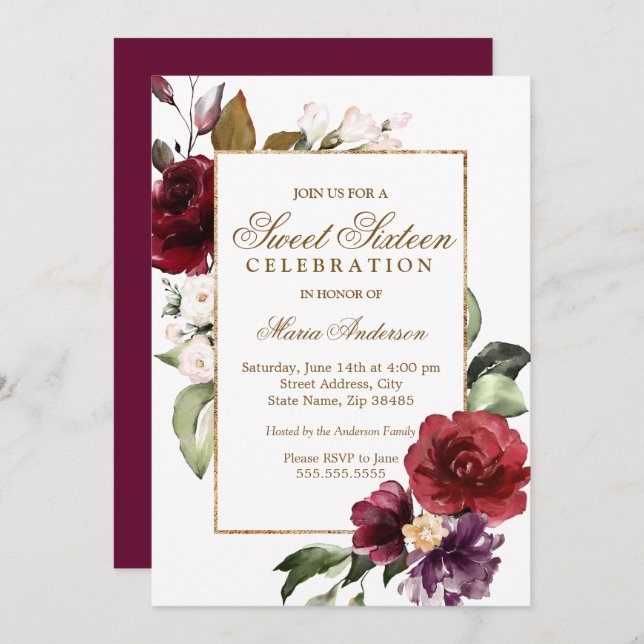 Convite Burgundy Floral Dourado Border Sweet 16 Party (Frente/Verso)