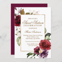 Burgundy Floral Dourado Border Sweet 16 Party