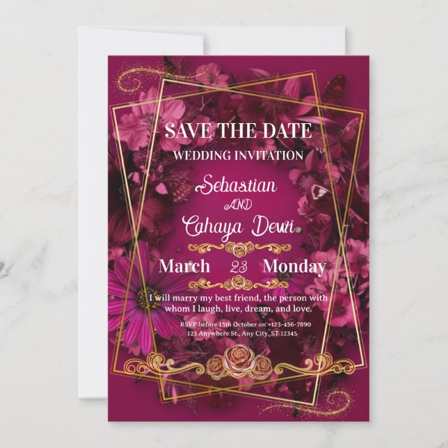 Convite Burgundy Floral Dourado Casamento Salve a Data (Frente)