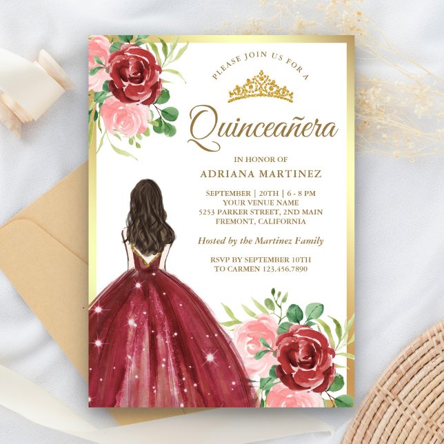 Convite Burgundy Floral Dress Princesa Dourada Quinceanera (Criador carregado)