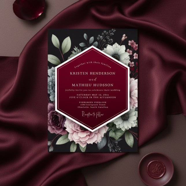 Convite Burgundy Floral Dusk Wedding (Criador carregado)