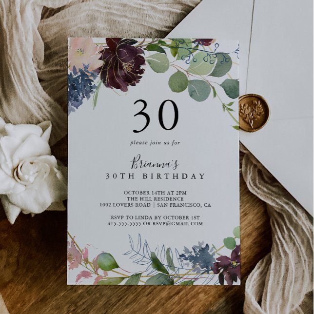 Convite Burgundy Floral e Greenery aniversário de 30 anos (Criador carregado)