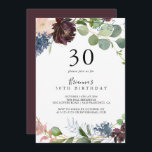 Convite Burgundy Floral e Greenery aniversário de 30 anos<br><div class="desc">Este convite de festas floral e verde-aniversário de 30 anos é perfeito para uma festa de aniversário moderna. O elegante design apresenta marinho de aquarela,  cor-de-rosa-pincelada e flores de sombra de vinho com detalhes artísticos lápis.</div>