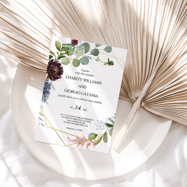 Convite Burgundy Floral e Greenery Wedding (Criador carregado)