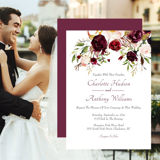 Convite Burgundy Floral Elegant Wedding (Burgundy Floral Elegant Wedding Invitation)