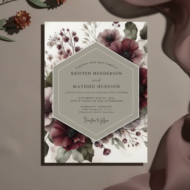 Convite Burgundy Floral Ethereal Wedding (Criador carregado)