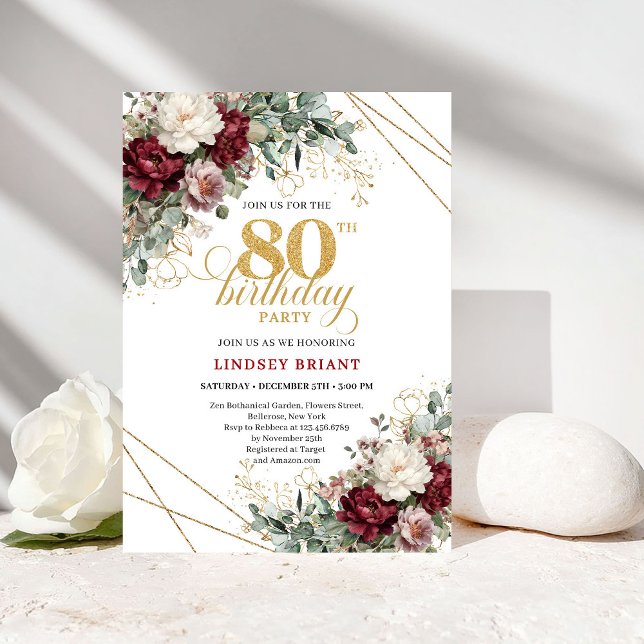 Convite Burgundy Floral Eucalyptus Boho 80th Birthday (Burgundy Floral Eucalyptus Boho 80th Birthday)