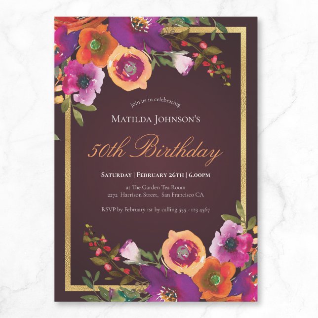 Convite Burgundy Floral Fall 50th Festa de aniversário (Burgundy Floral Fall 50th Birthday Party Invitation)