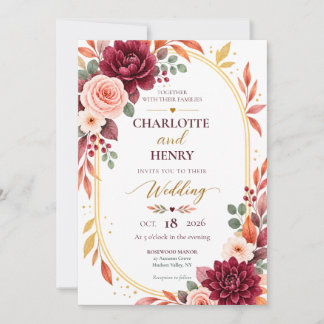 Convite Burgundy Floral Fall Wedding Invitation