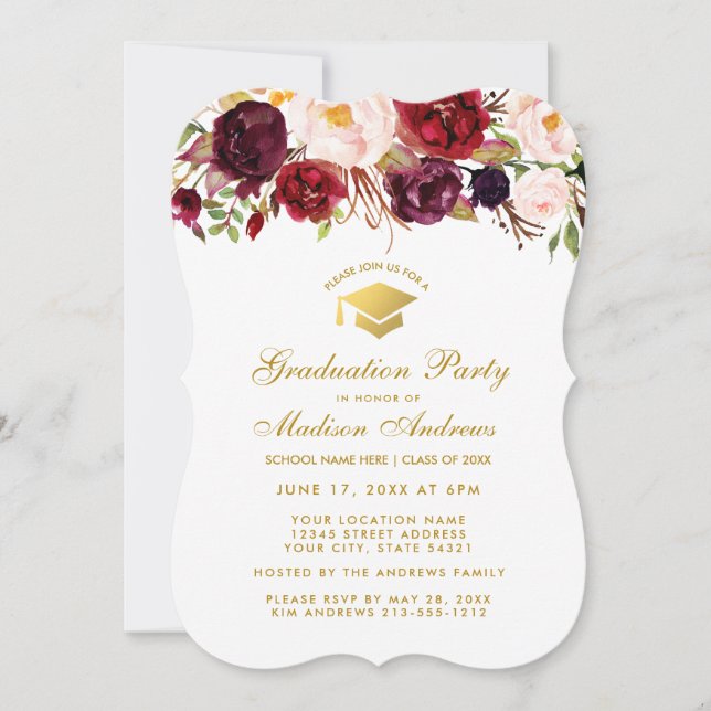 Convite Burgundy Floral Festa de formatura Dourada Invite  (Frente)