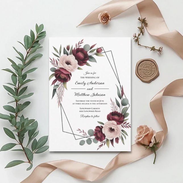Convite Burgundy Floral Frame Wedding Invitation (Criador carregado)