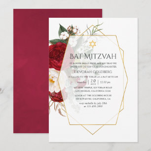 Convite Burgundy & Floral Geométrico Bat Mitzvah
