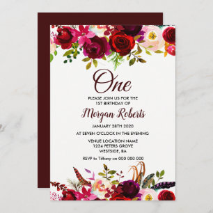 Convite Burgundy Floral Girls - primeiro aniversario do Pa