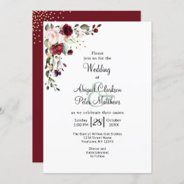 Convite Burgundy Floral Gold Foil Watercolor Casamento