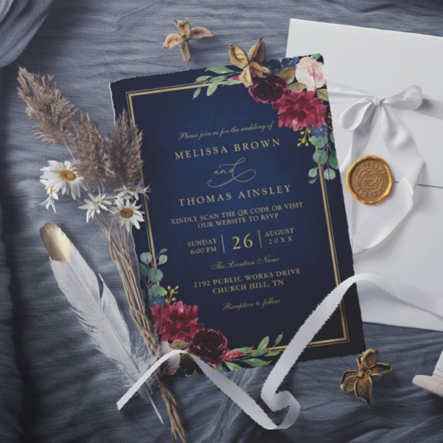 Convite Burgundy Floral Gold Navy Blue QR Code Wedding (Criador carregado)
