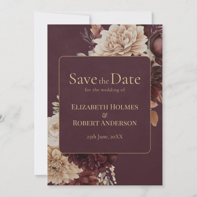 Convite Burgundy Floral Gothic Save the Date Card (Frente)