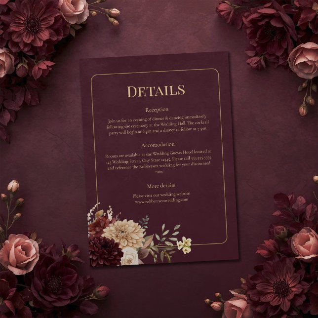 Convite Burgundy Floral Gothic Wedding Details Card (Burgundy Floral Gothic Wedding Details Card on a burgundy witchy wedding table with flowers)
