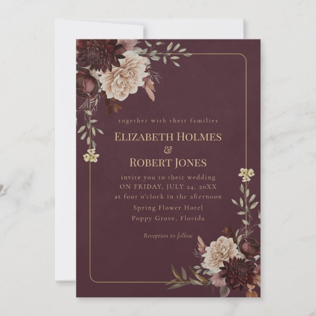 Convite Burgundy Floral Gothic Wedding Invitation (Frente)