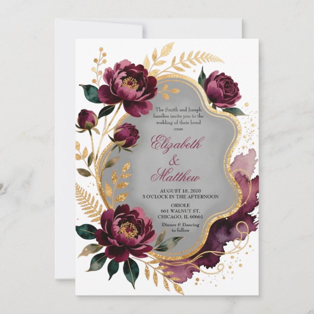 Convite Burgundy Floral Gray Gold Luxury Wedding (Frente)