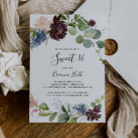 Convite Burgundy Floral Greenery Doce 16 Festa de aniversá<br><div class="desc">Este convite de aniversário floral brilhante 16 é perfeito para um aniversário moderno. O elegante design apresenta marinho de aquarela,  cor-de-rosa-pincelada e flores de sombra de vinho com detalhes artísticos lápis.</div>