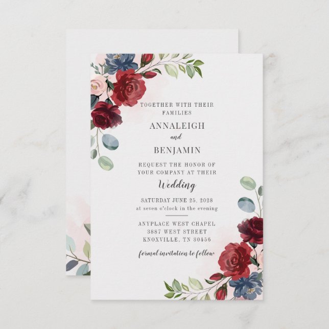Convite Burgundy Floral Greenery Foliage Blush Casamento (Frente/Verso)