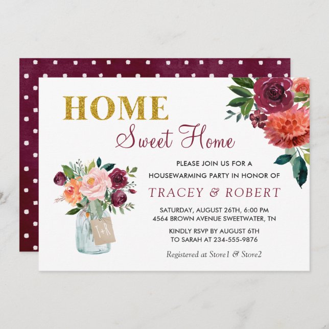 Convite Burgundy Floral Home Sweet Home (Frente/Verso)