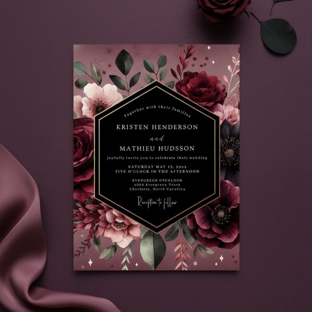 Convite Burgundy Floral Luxe Wedding (Criador carregado)