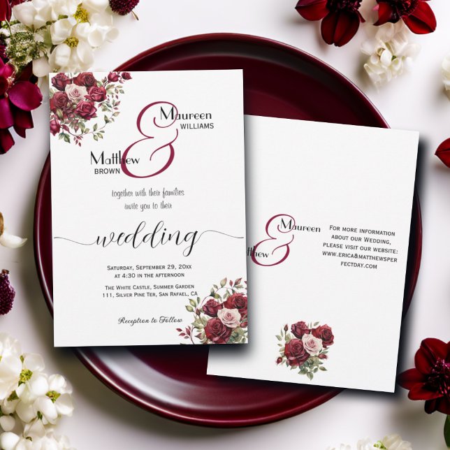 Convite Burgundy Floral Modern Script e Detalhes Casamento (Criador carregado)