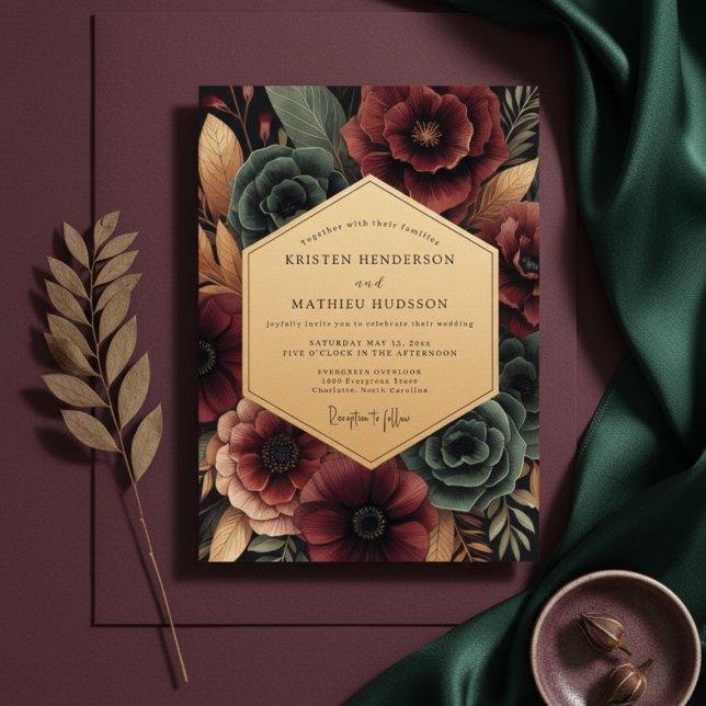 Convite Burgundy Floral Opulence Wedding (Criador carregado)